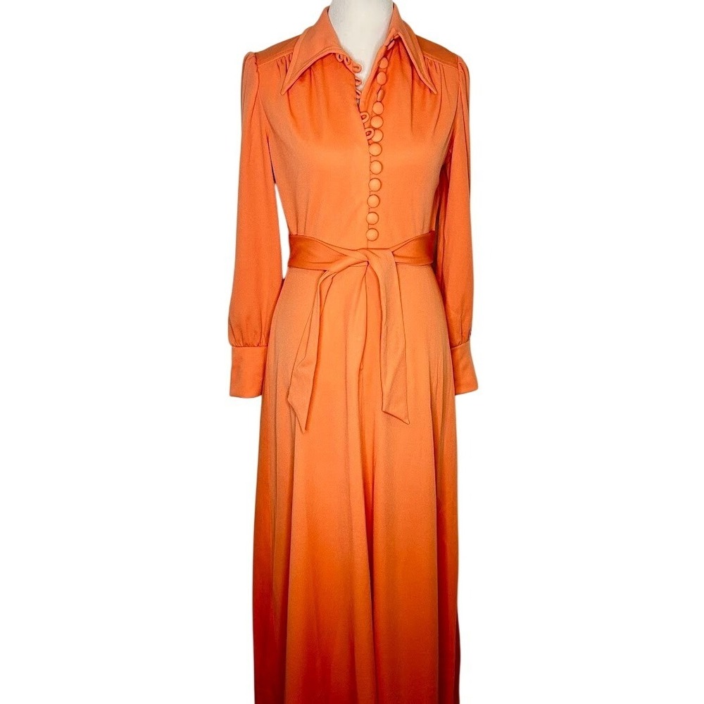 Vintage 1970s Maxi Dress Apricot Button Front Long Sleeve Belted 70s Boho 6/8‎